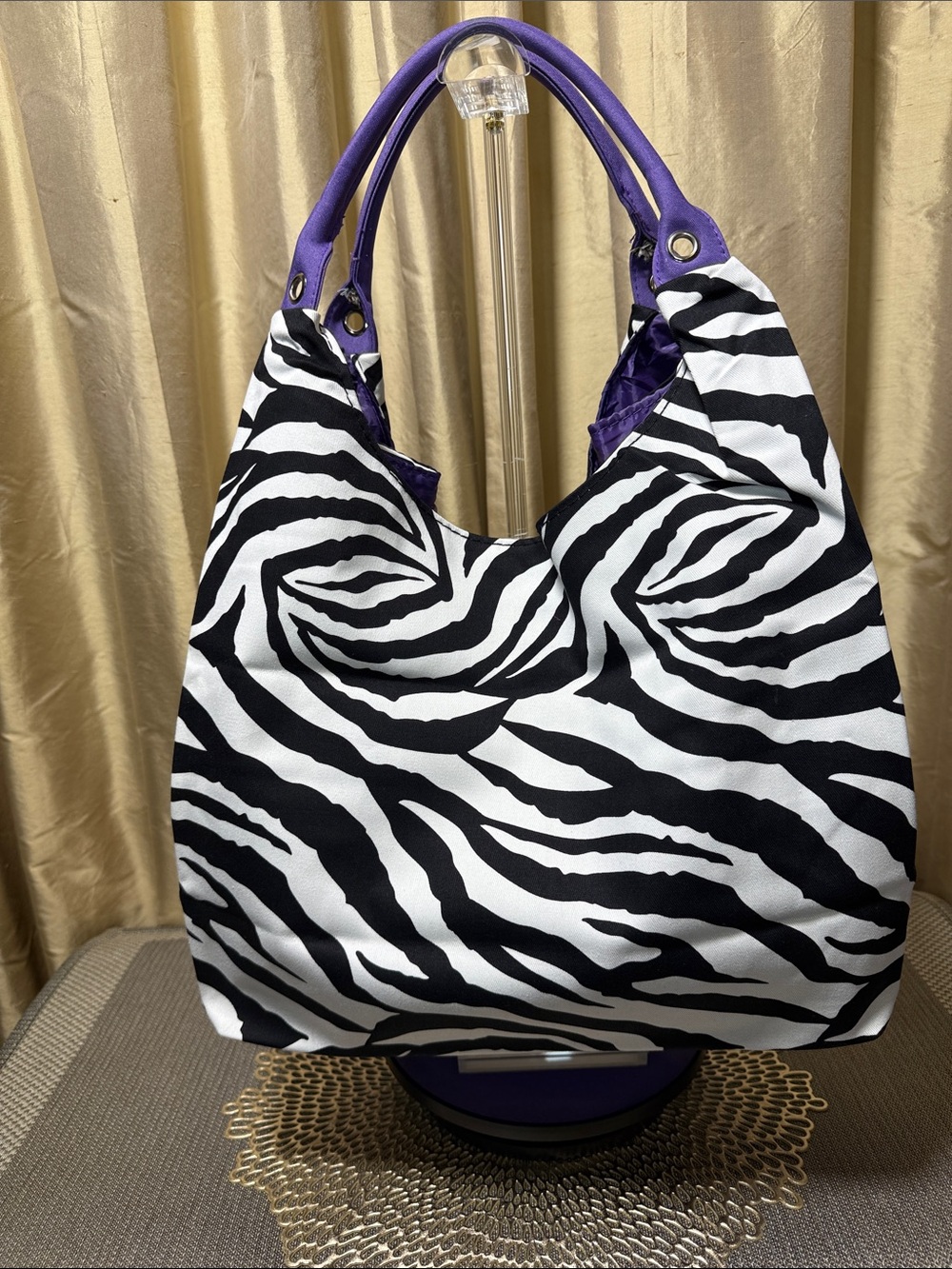 Zebra Print Shoulder Tote with Purple Handles